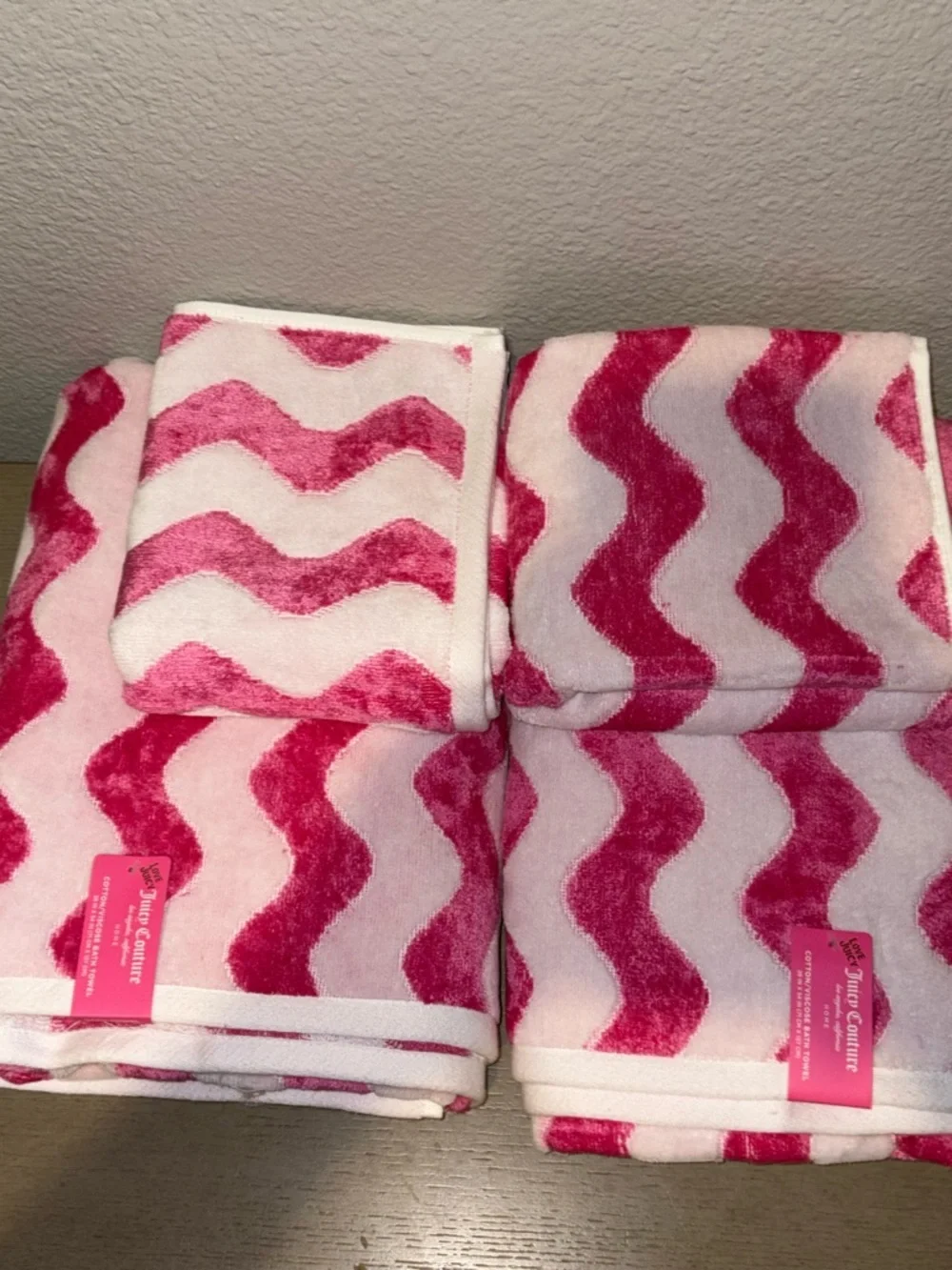 Juicy Couture Pink Wave Towel Set - Two-Tone Pink Chevron Design